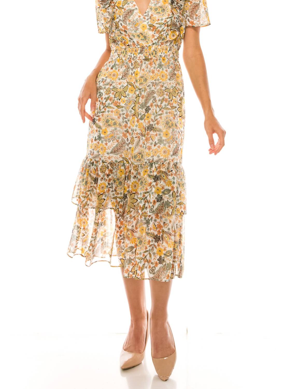 Donna Morgan - Floral Print Short Sleeve Midi Dress