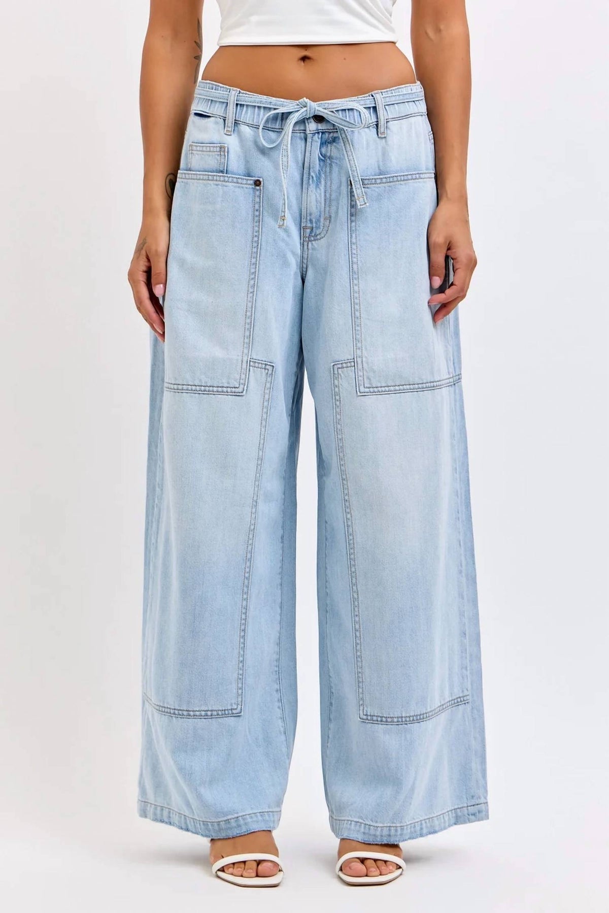 Hidden - Drawstring Utility Pocket Wide Leg Jeans