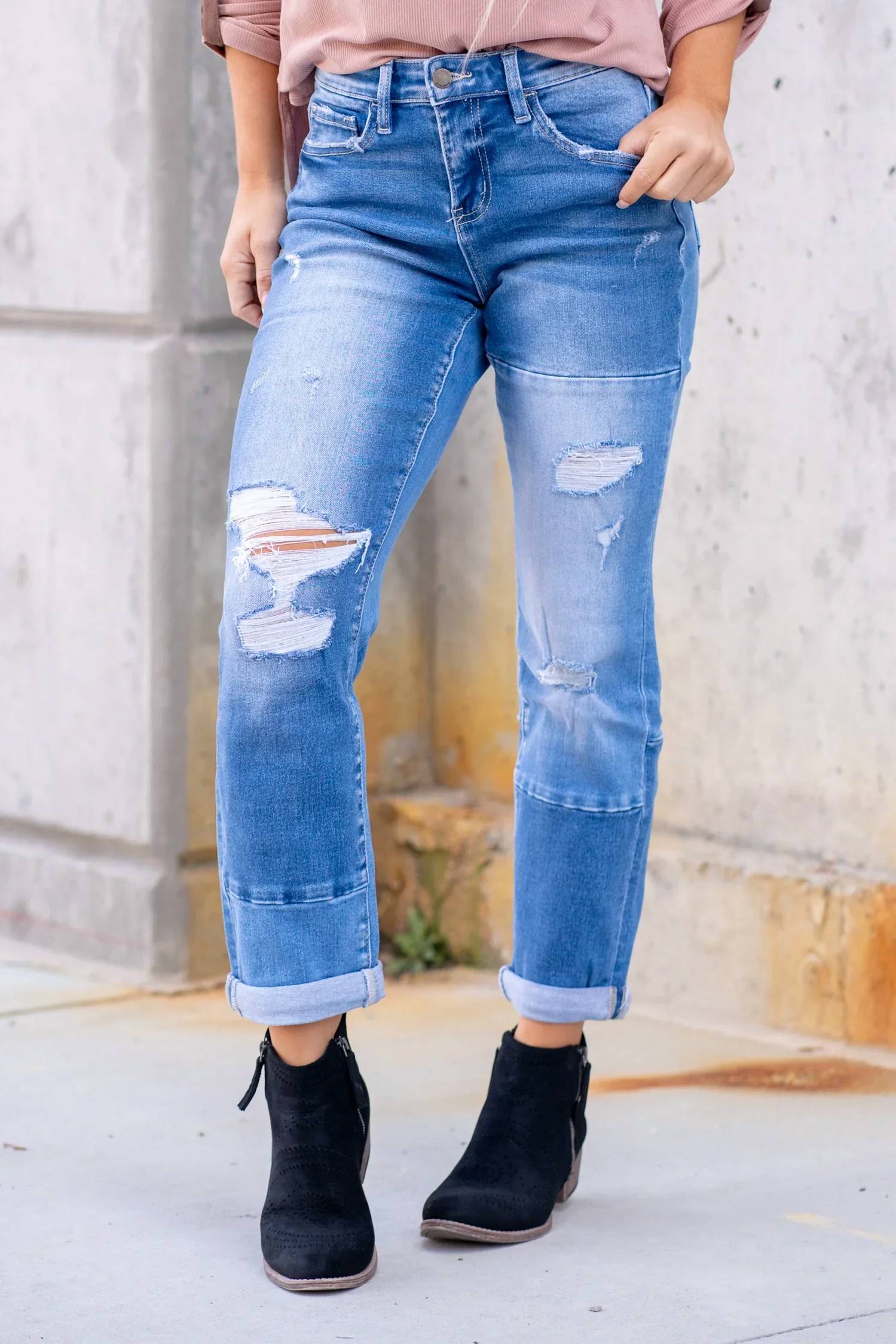 Flying Monkey - High Rise Color Block Cuffed Boyfriend Jeans