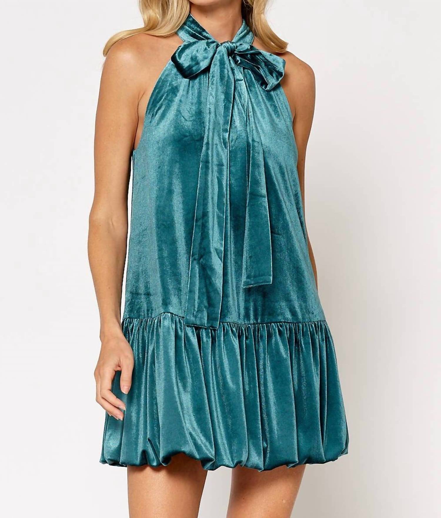 Lalavon - Velvet Halter Bow Tie Bubble Hem Mini Dress
