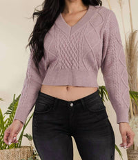 Feel In Apparel Cropped Knitted V-neck Sweater in apparel cropped knitted v neck sweater in mauve - women's sweater - detail view