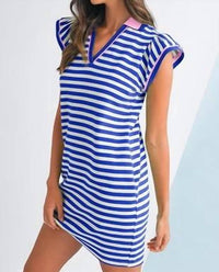 Shewin - Striped Ruffle Short Sleeve Neckline Mini Dress