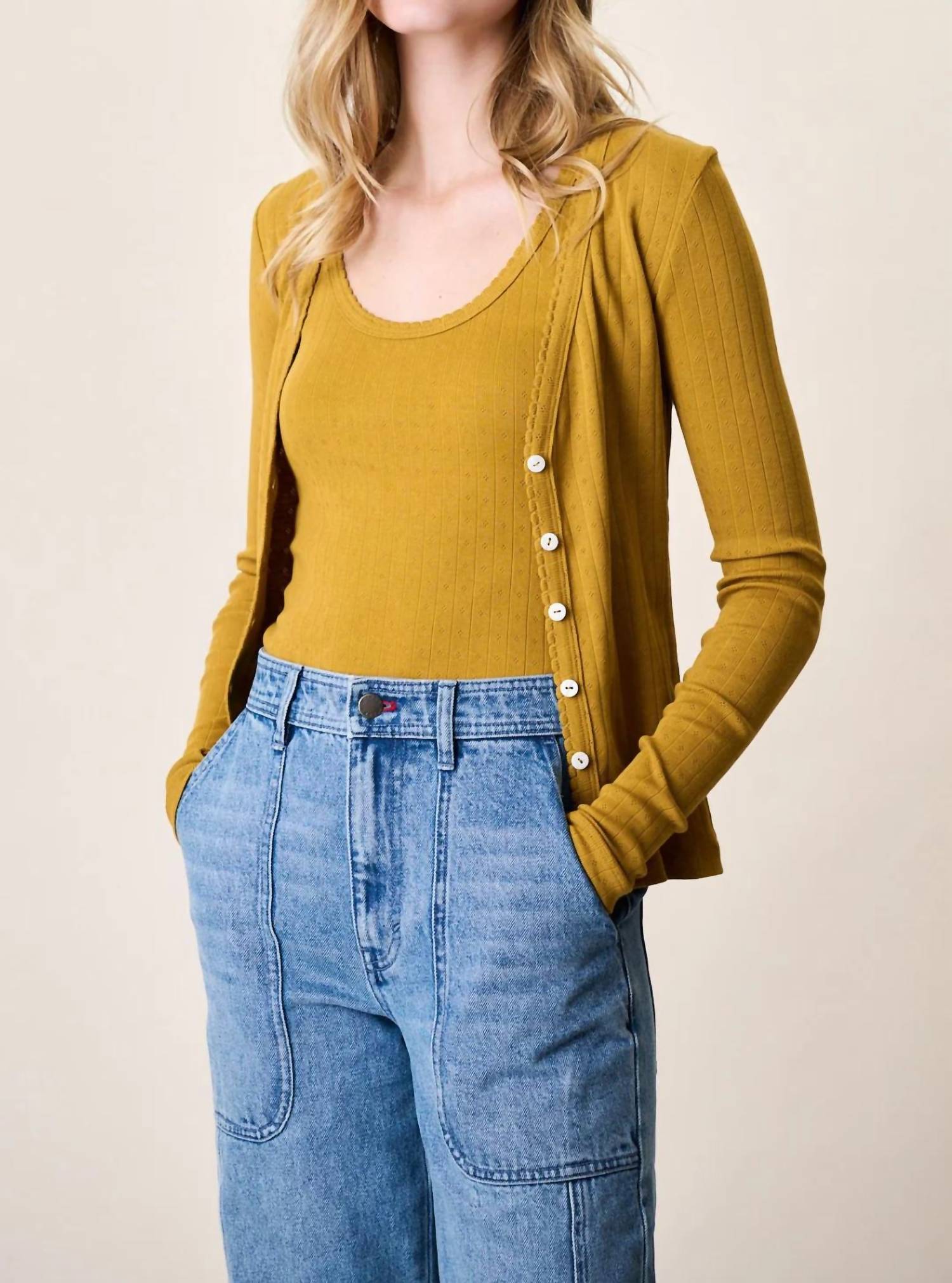Marea Pointelle Cardigan in chartreuse - women's cardigan - detail view