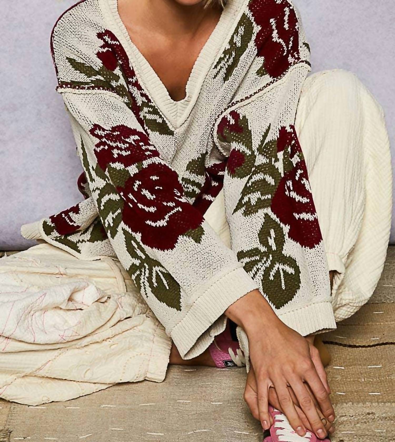 Pol - Long Sleeve Contrast Floral Sweater Top