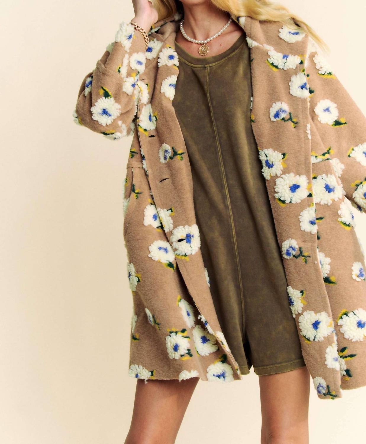 Davi & Dani - Floral Chunky Button Front Hoodie Jacket
