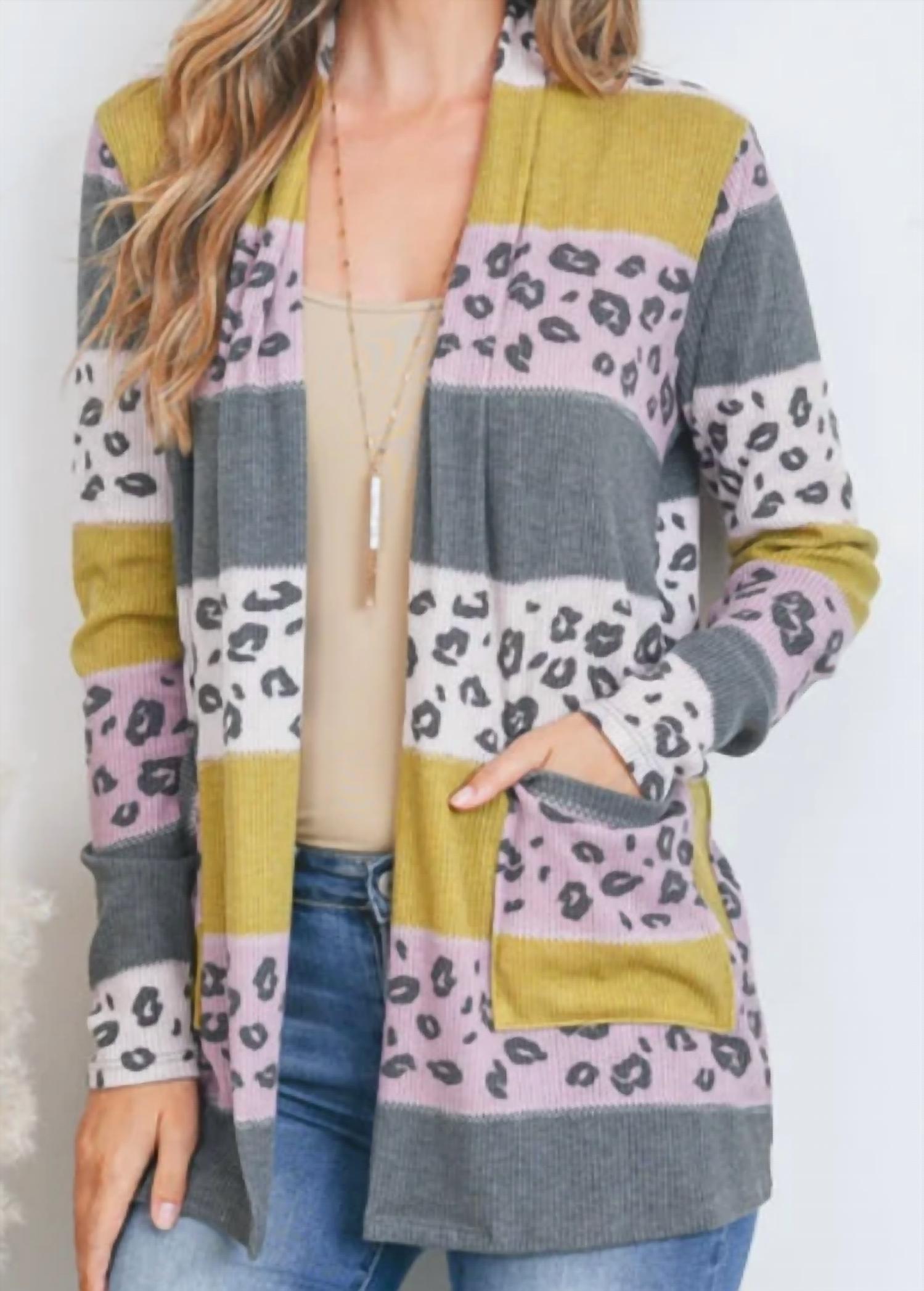 Perfect Peach - Leopard Color Block Pocket Cardigan