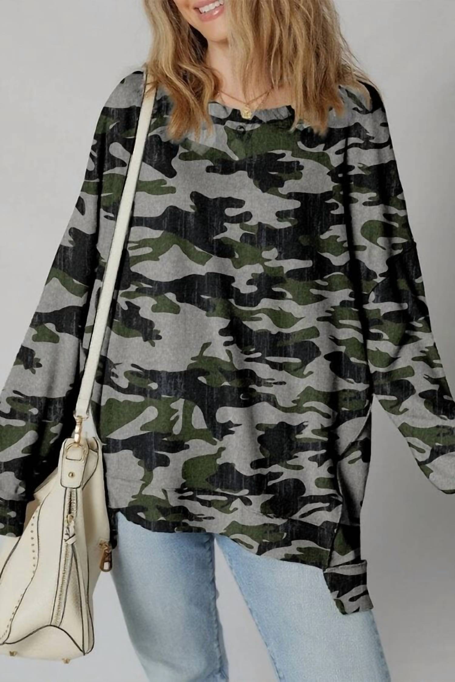 Thomas & Co Retro Camo Sweatshirt in dark gray green - women's top
