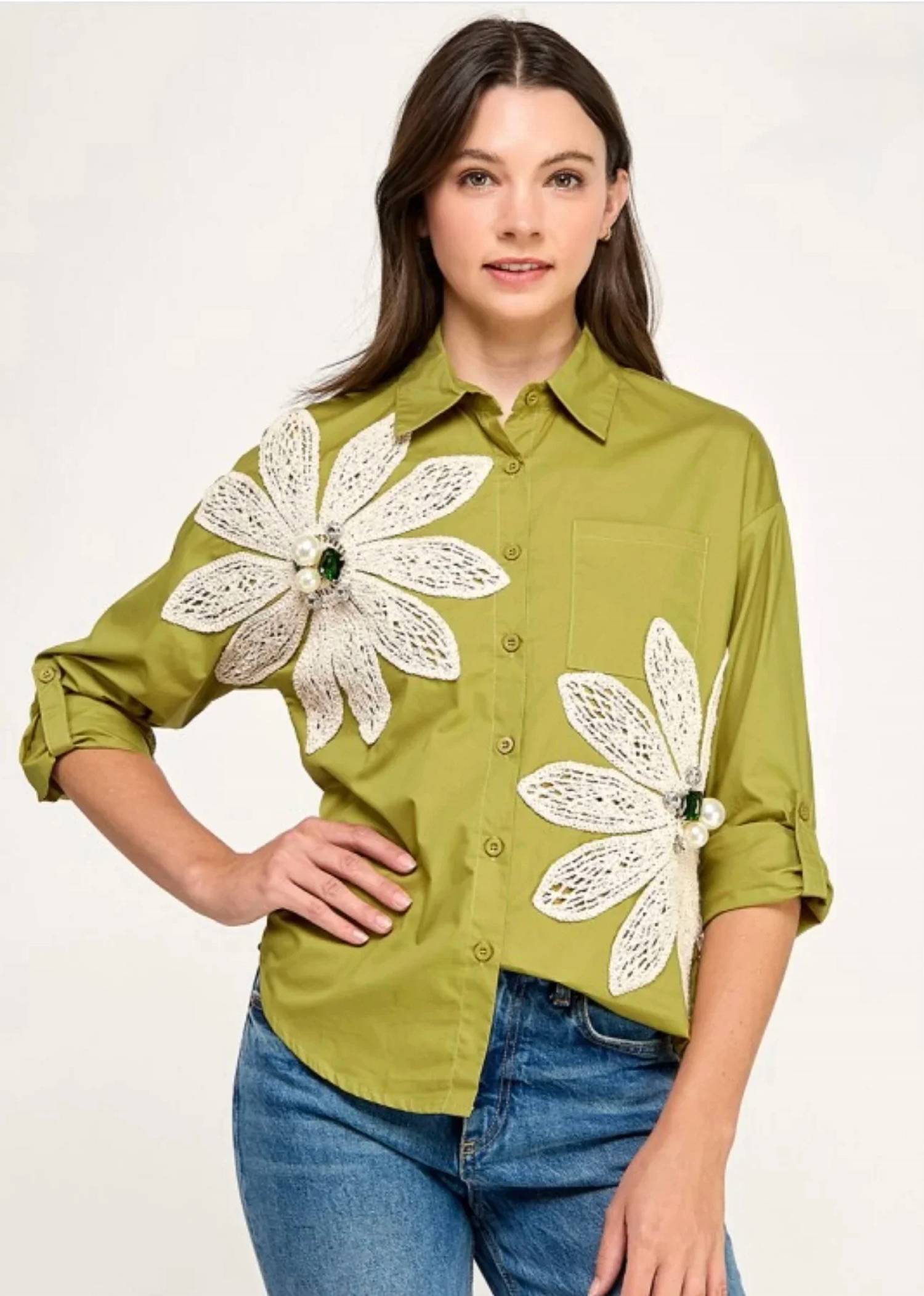 Pastel Design - Long Sleeve Floral Button Front Top