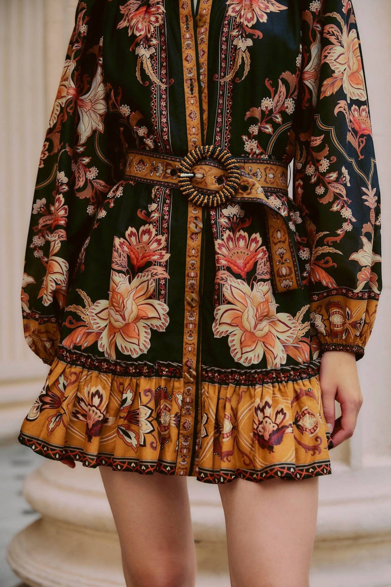 Farm Rio - Beaded Buckle Long Sleeve Mini Dress