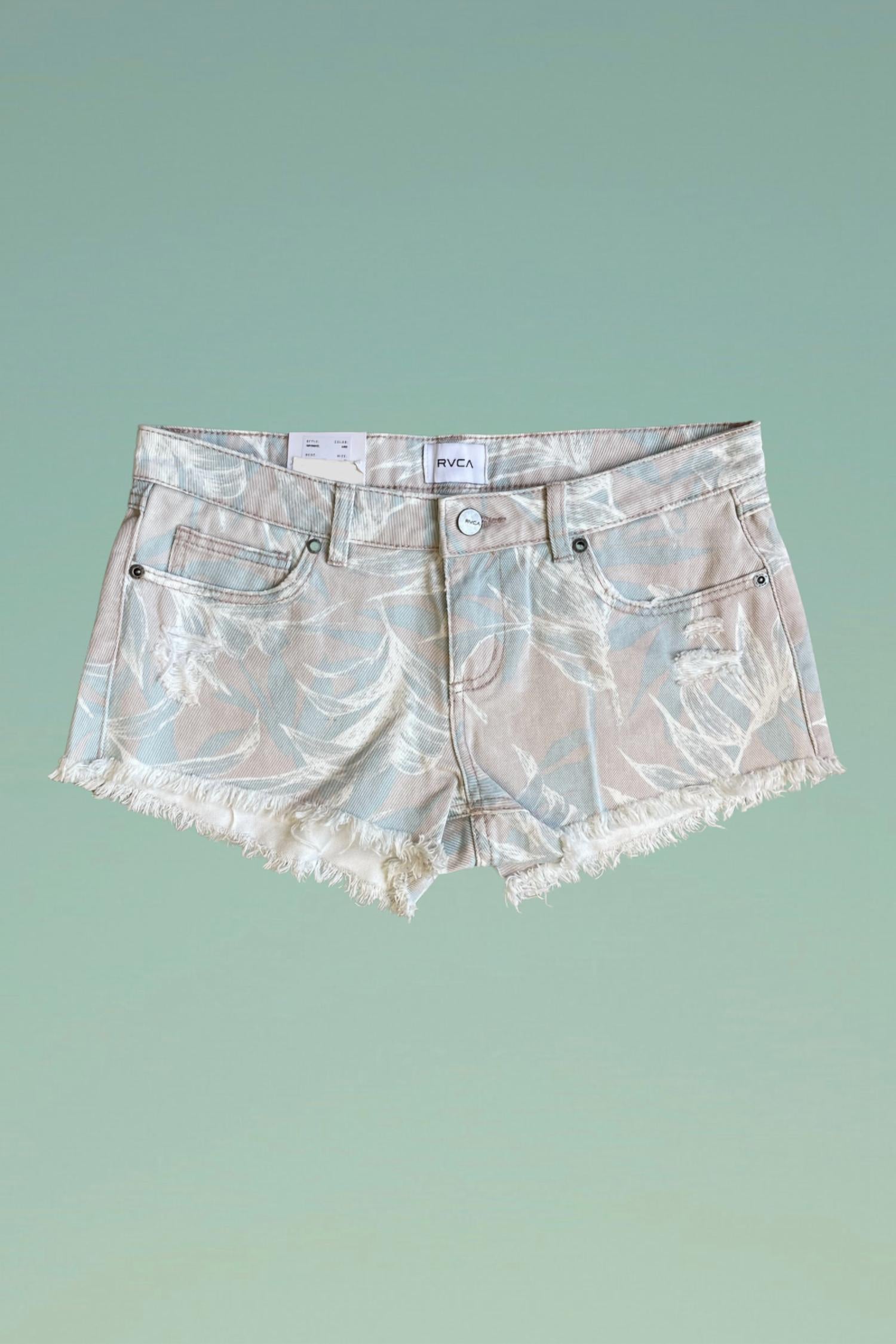 Rvca - Tropical Print Distressed Denim Shorts