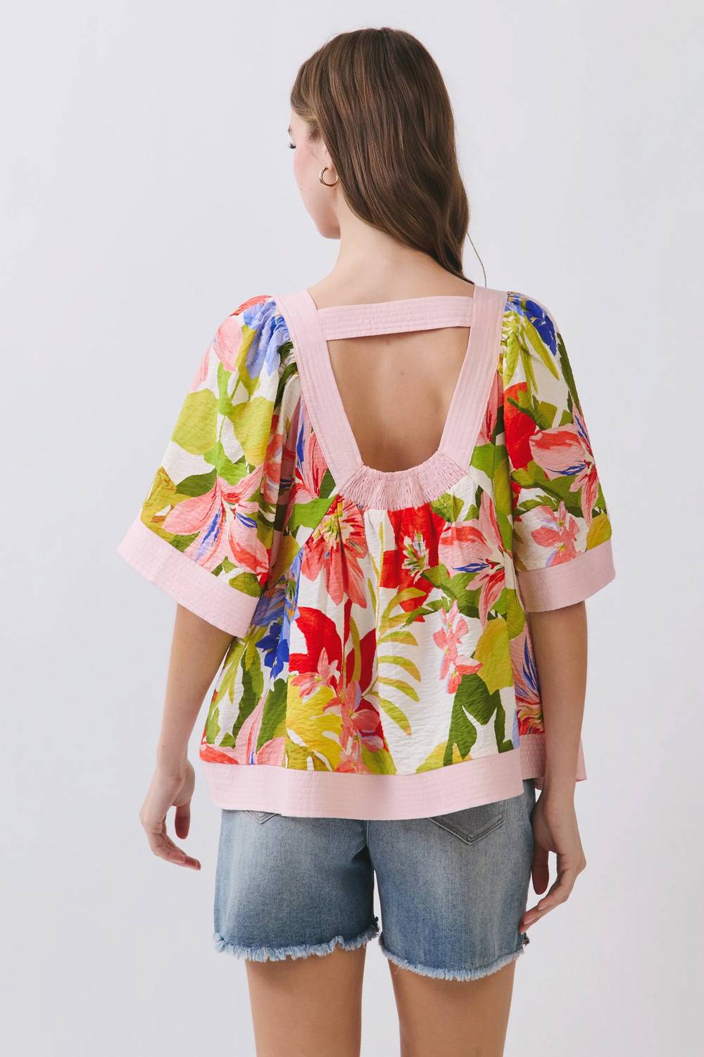 Tc East - Floral Square Neck Contrast Trim Blouse