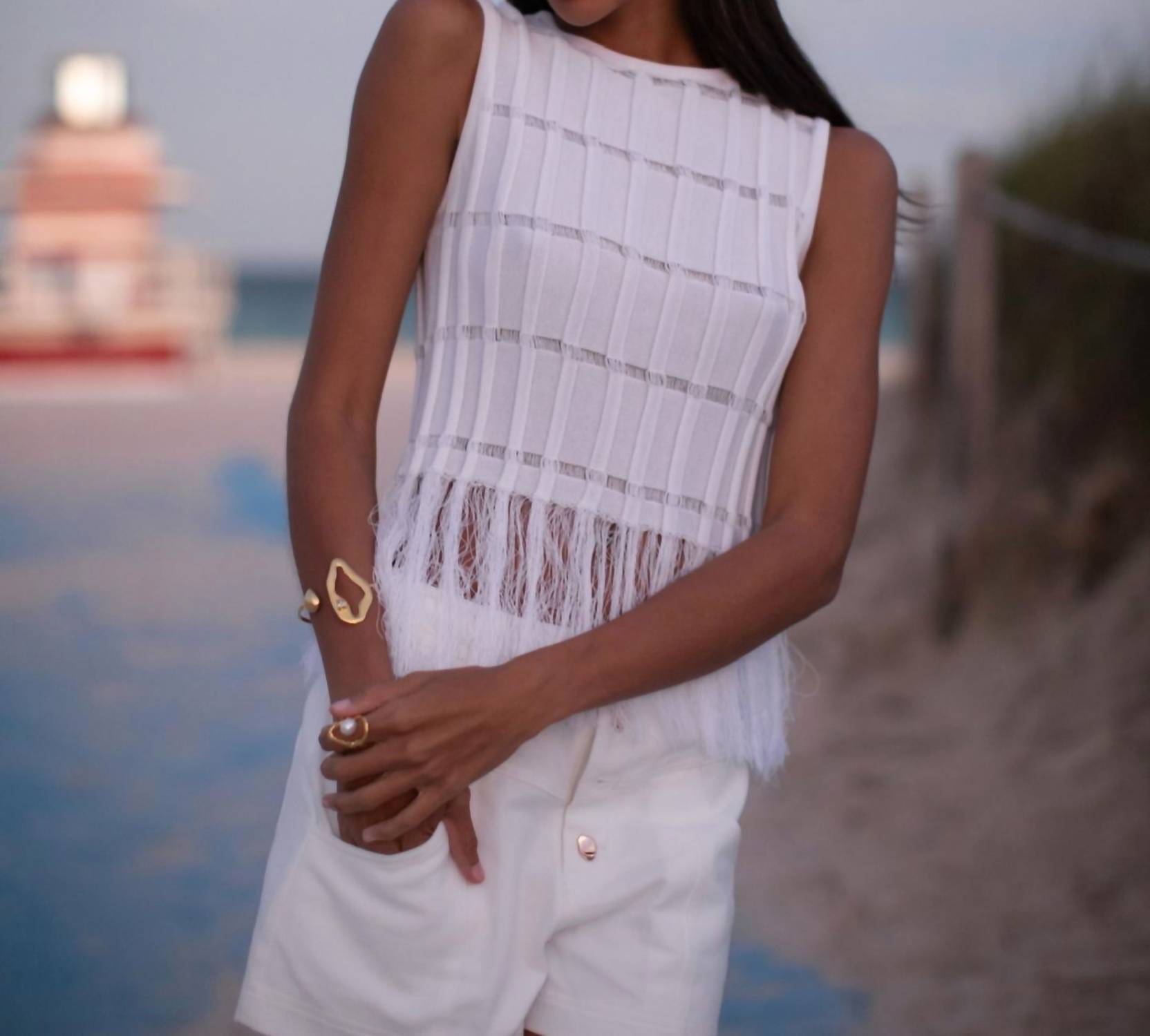Karina Grimaldi Aria Fringe Top in white - women's shirt - detail view