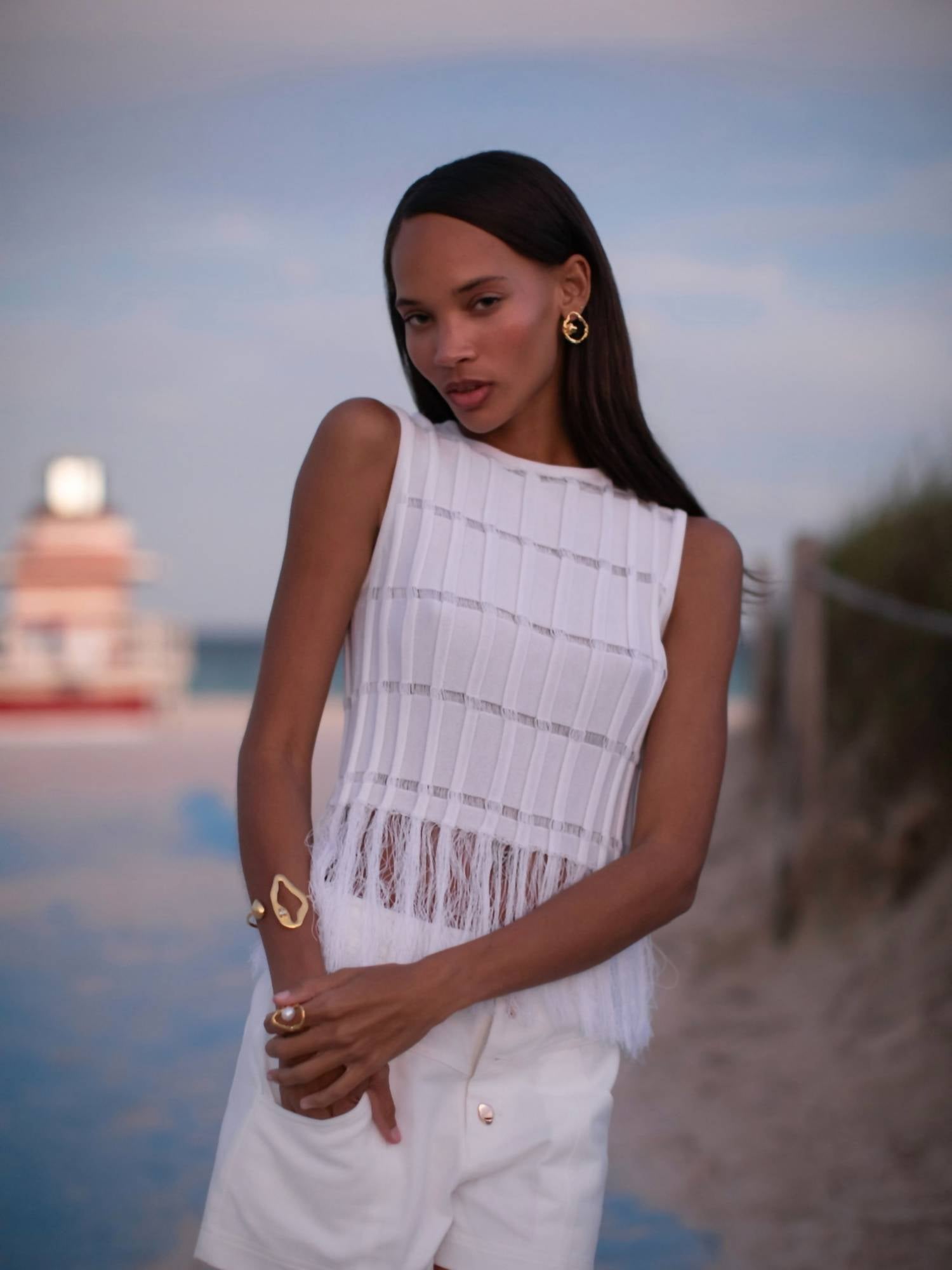 Karina Grimaldi Aria Fringe Top in white - women's shirt - alternate view