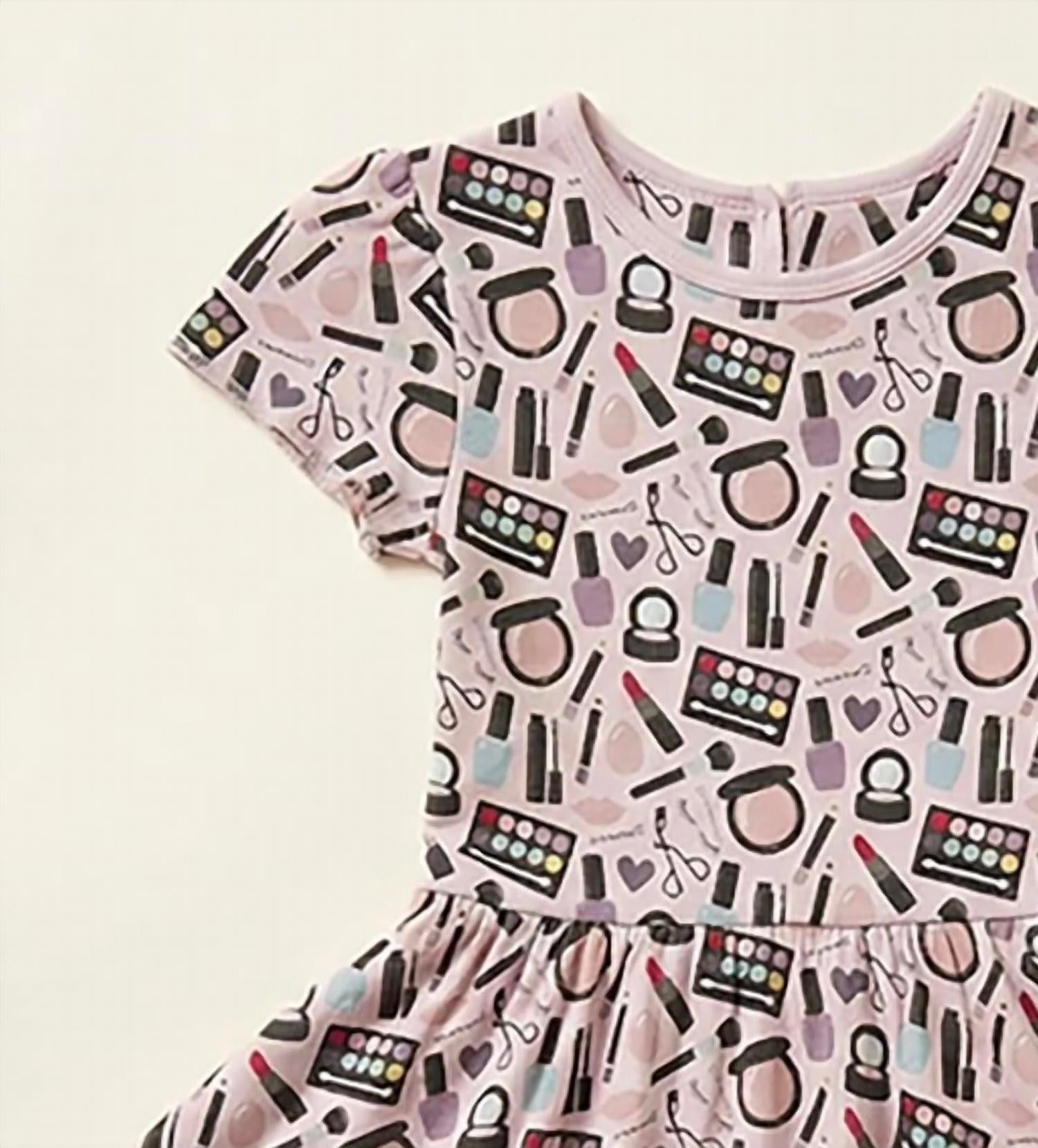 KICKEE Girl's Print Flutter Sleeve Twirl Dress With Pockets in mama s makeup - kids' dress - detail view