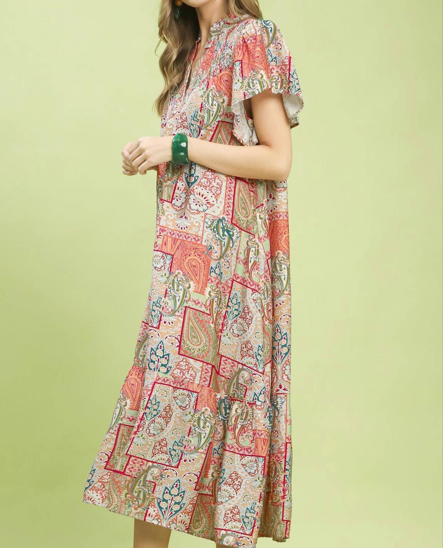 Umgee - Boho Patchwork Print Flutter Sleeve Midi Dress