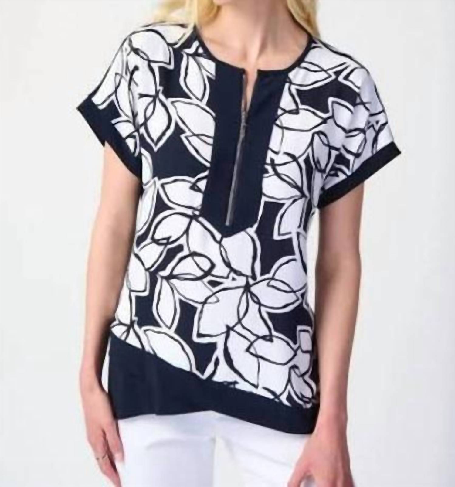 Joseph Ribkoff - Leaf Print Asymmetric Hem Top