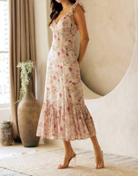 STORIA Floral Ruffle Strap Midi Dress in beige - women's dress - view 6