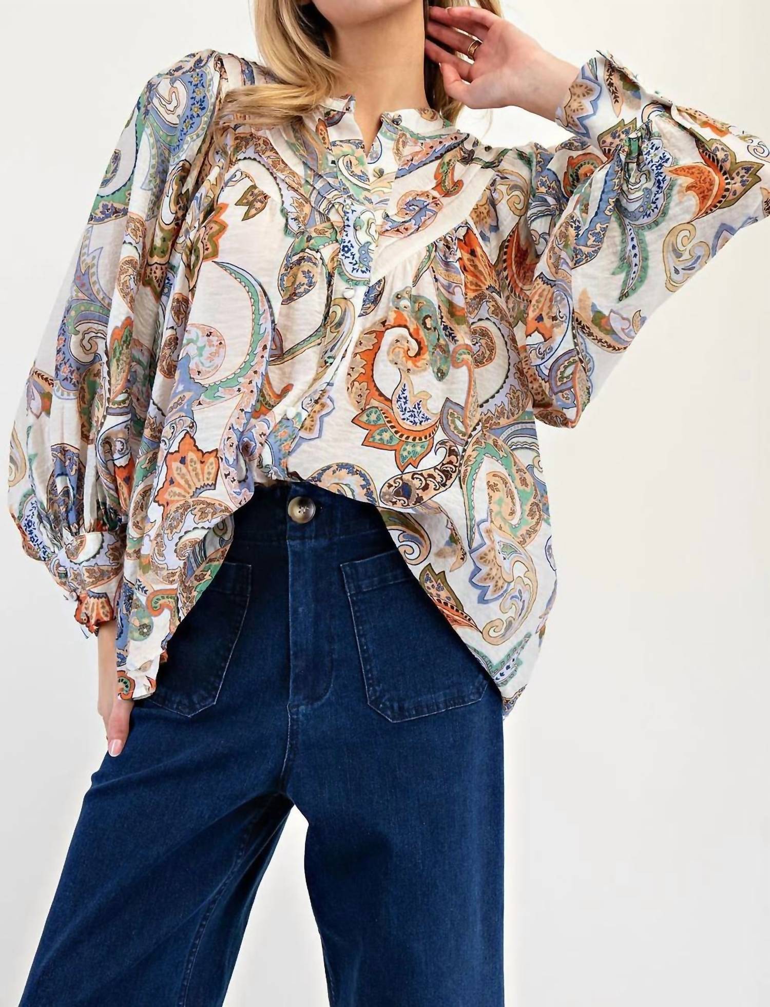 Eesome - Paisley Printed Bubble Sleeve Top