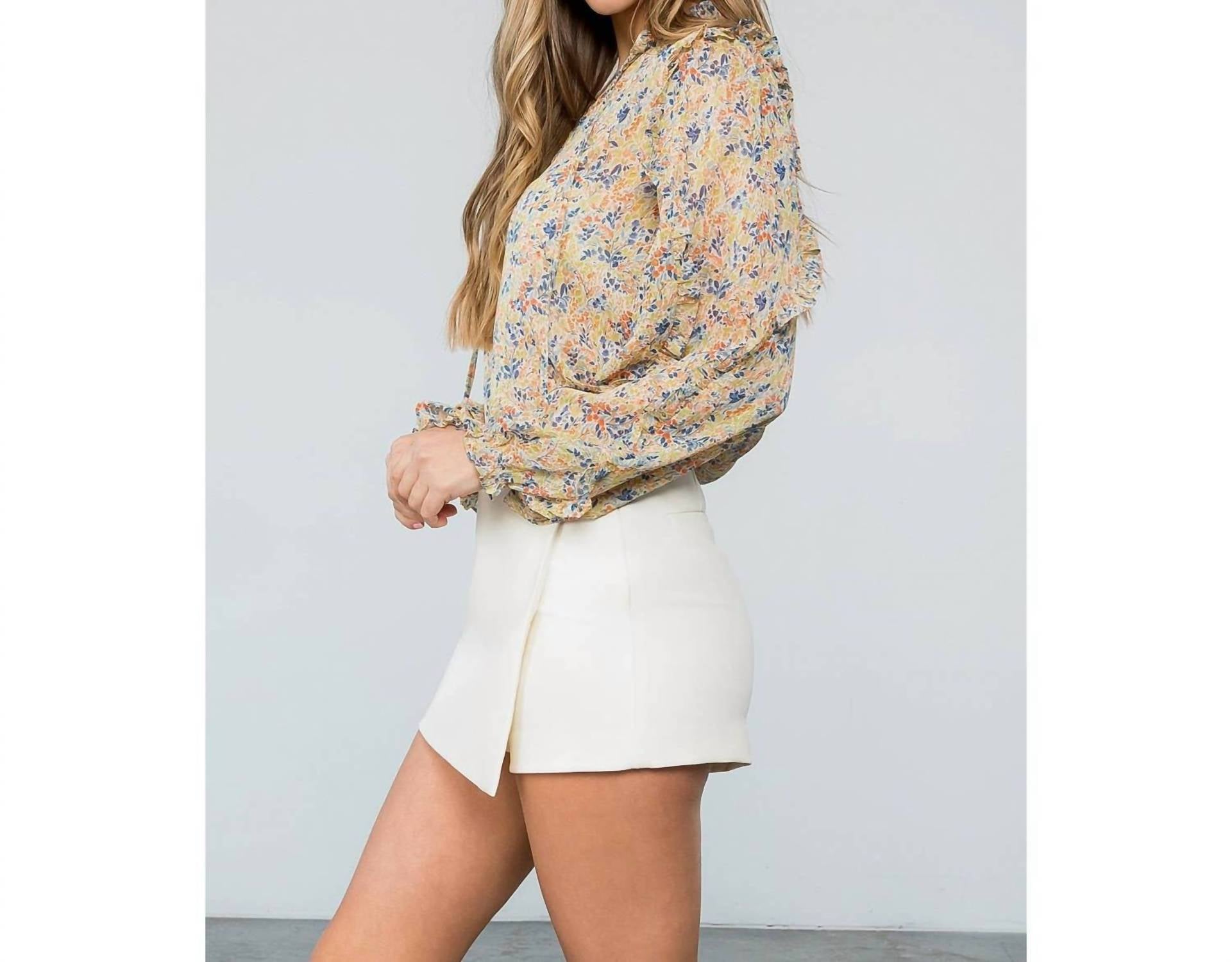 THML Flower Print Long Sleeve Blouse in floral beige - women's blouse - detail view
