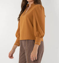 Emily McCarthy Hampton V-neck Top in brown sugar - women's blouse - detail view