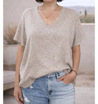 LOVESTITCH Bianca Dolman V-neck Top in beige - women's t-shirt