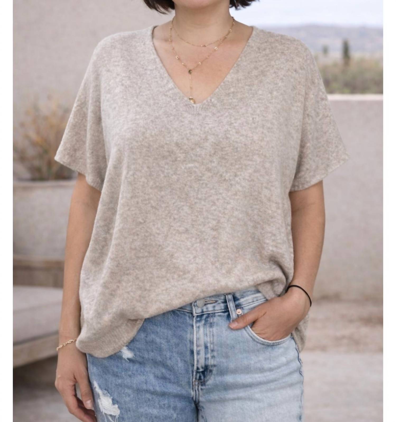 LOVESTITCH Bianca Dolman V-neck Top in beige - women's t-shirt