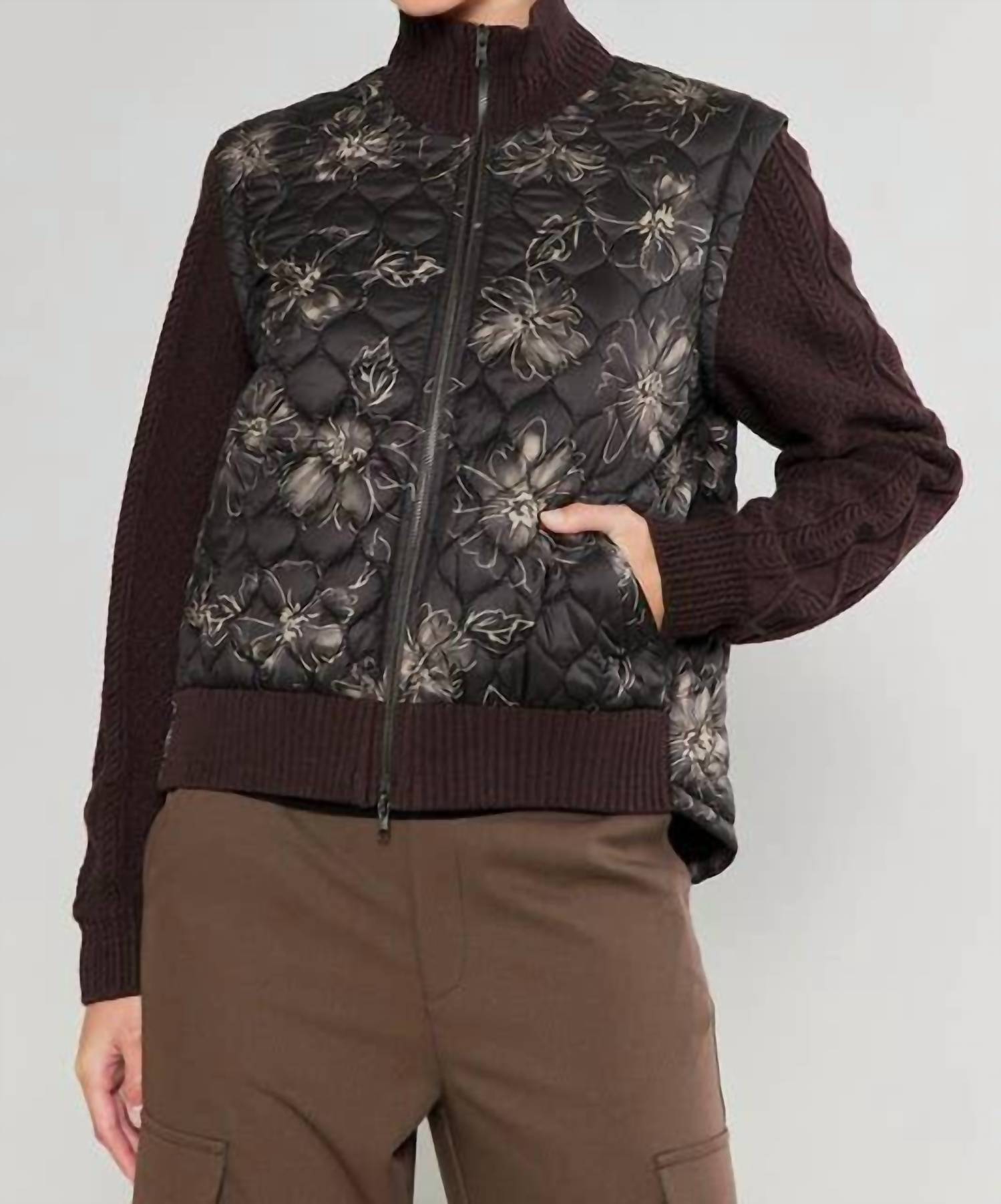 Current Air - Floral Quilted Sweater Mixed Media Jacket
