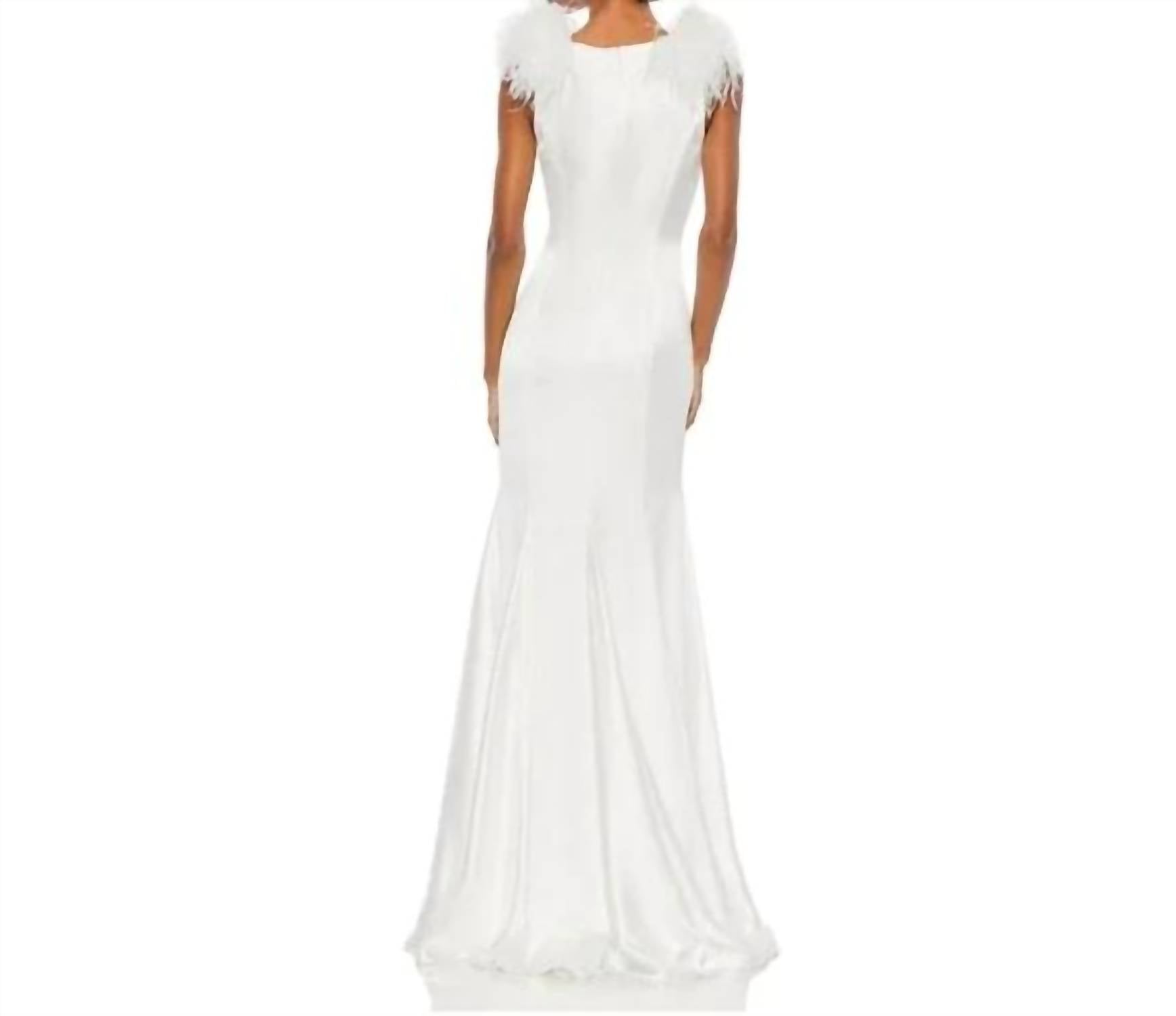 Mac Duggal - Satin Feather Shoulder V-neck Gown