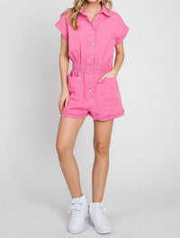 Sewn and Seen Edie Mineral Washed Denim Romper in vintage fuchsia - women's pants