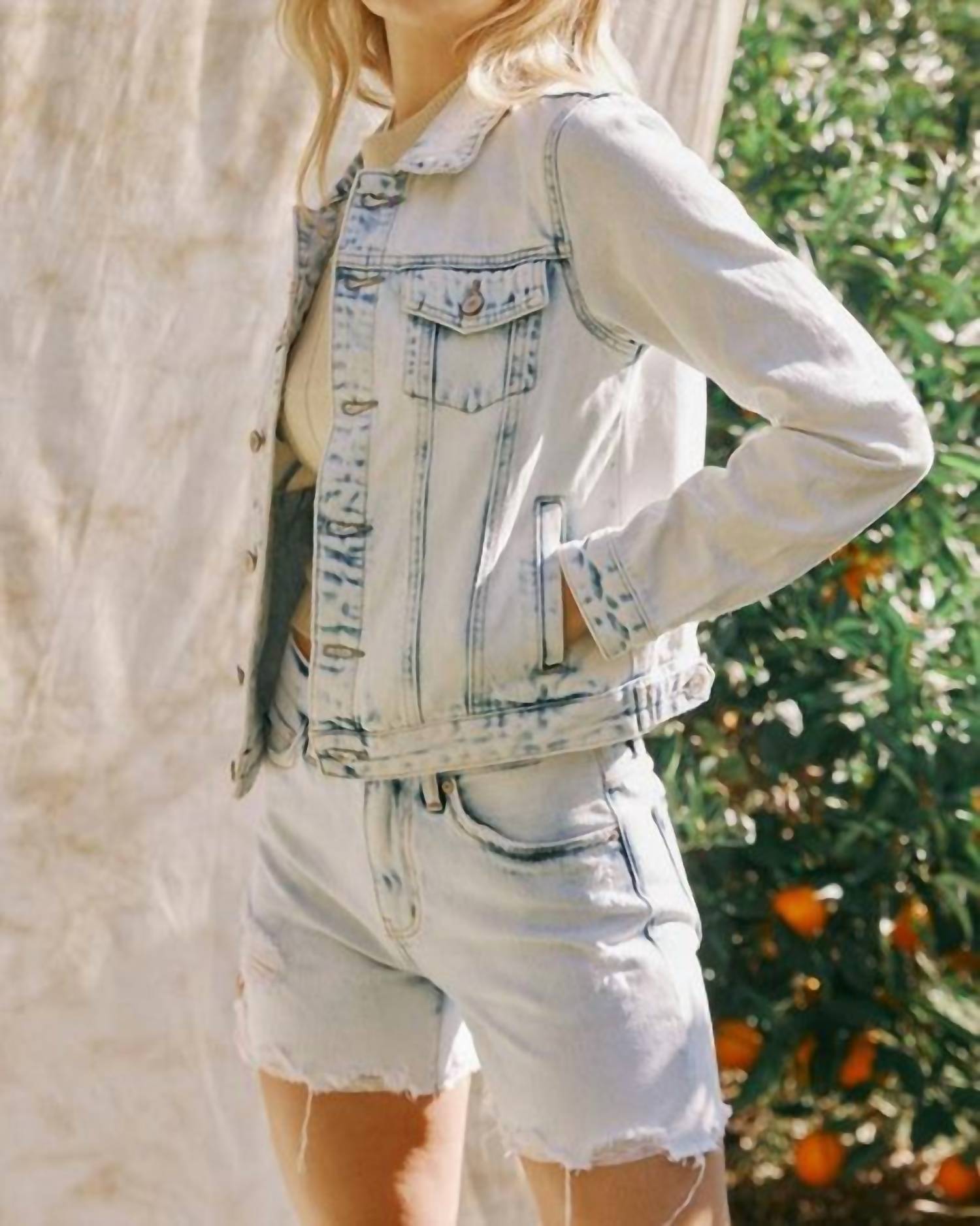 KanCan Classic Trucker Jacket in light stone - women's jacket - detail view