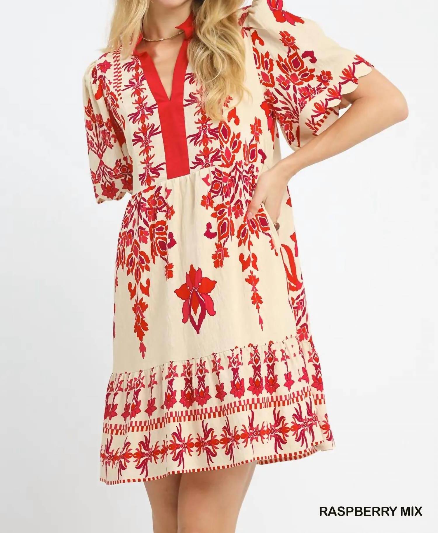 Umgee - Women's Tropical Damask Border Print Mini Dress