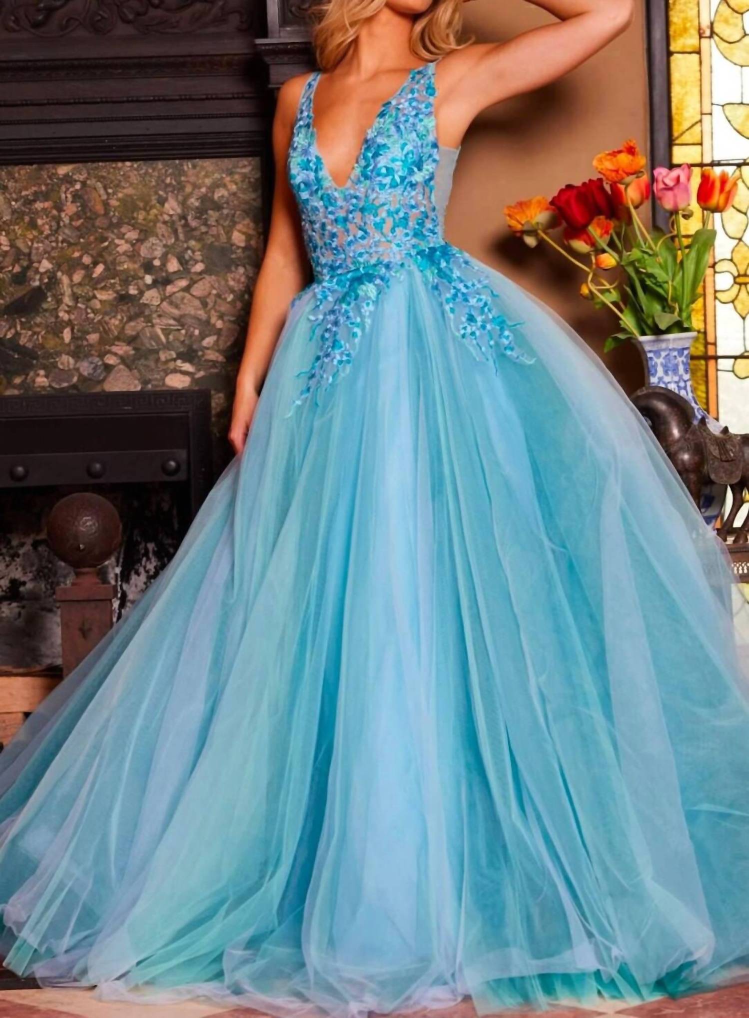 Jovani - Deep V-neck Beaded Ballgown