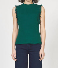 DEAR JOHN DENIM Satin Ruffle Sleeveless Rib Knit Top in forest - women's tank top