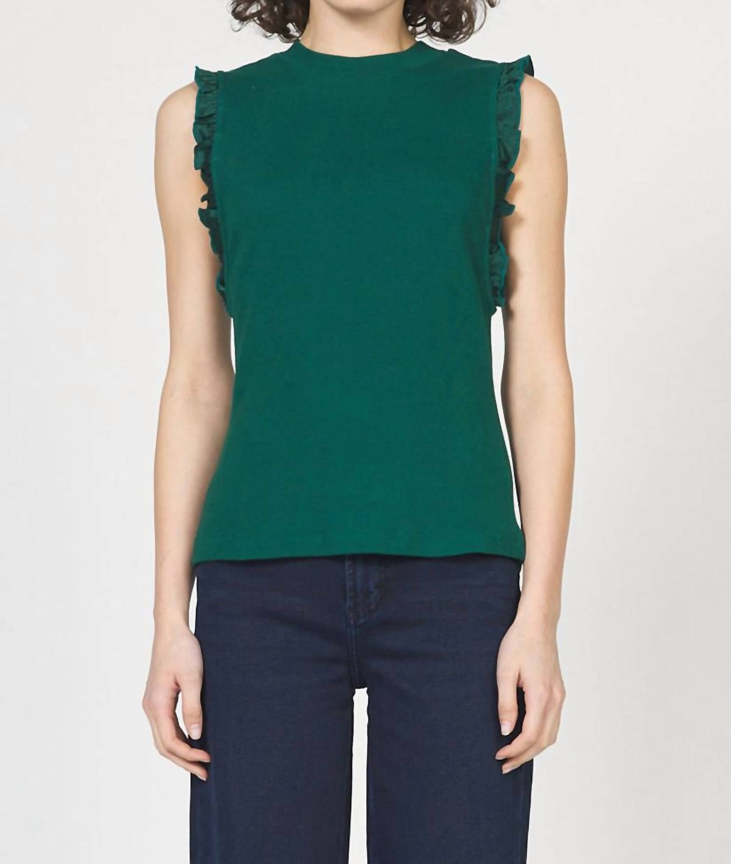 DEAR JOHN DENIM Satin Ruffle Sleeveless Rib Knit Top in forest - women's tank top