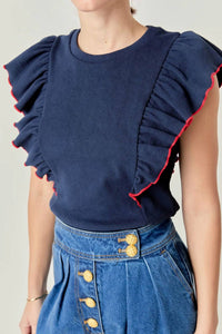 English Factory - Contrast Merrow Detail Ruffled Knit Top