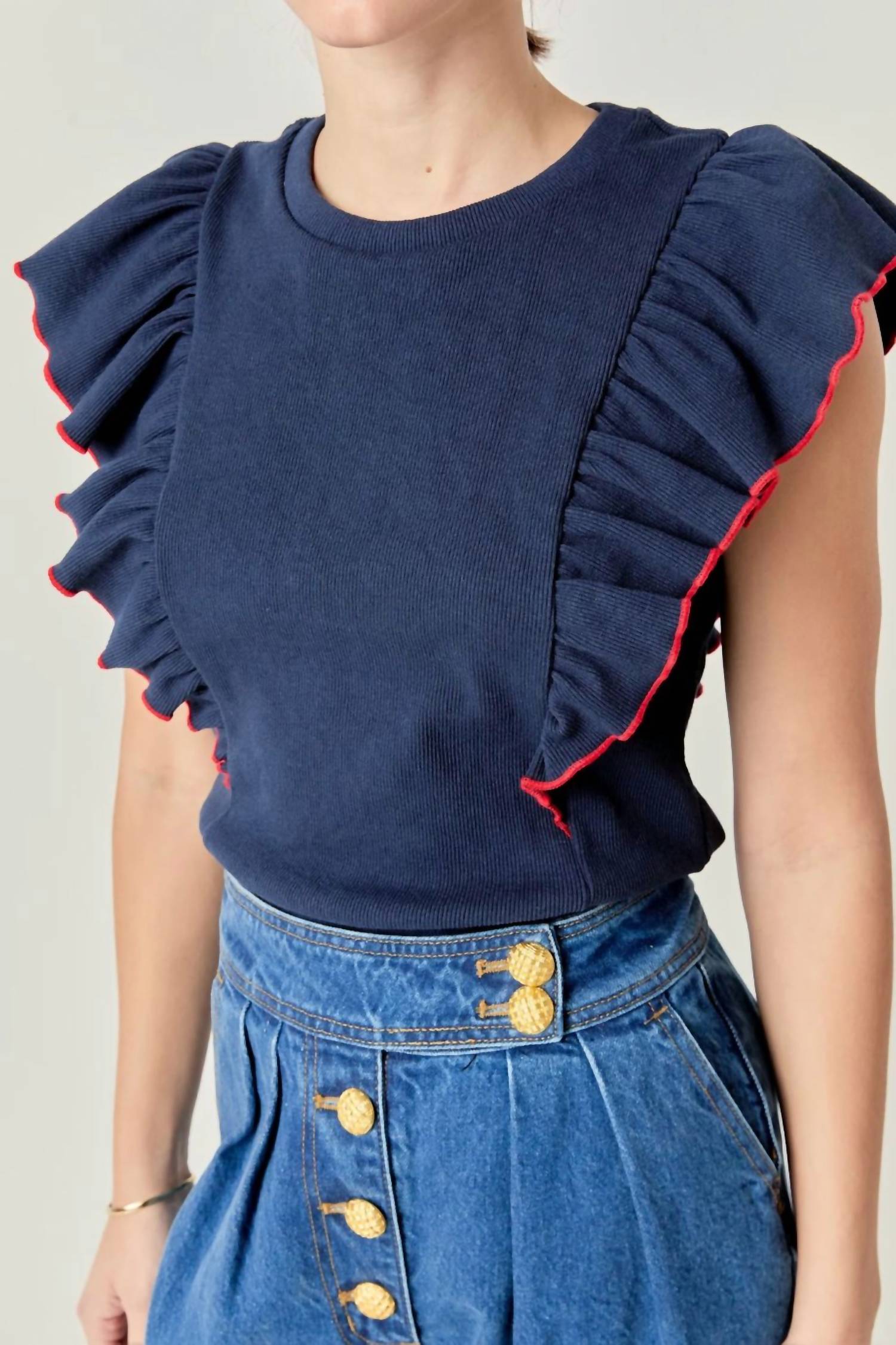 English Factory - Contrast Merrow Detail Ruffled Knit Top