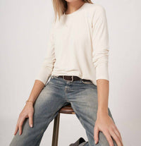 REPEAT cashmere Basic Jewel Neck Long Sleeve Top in ivory - women's long sleeve top - detail view