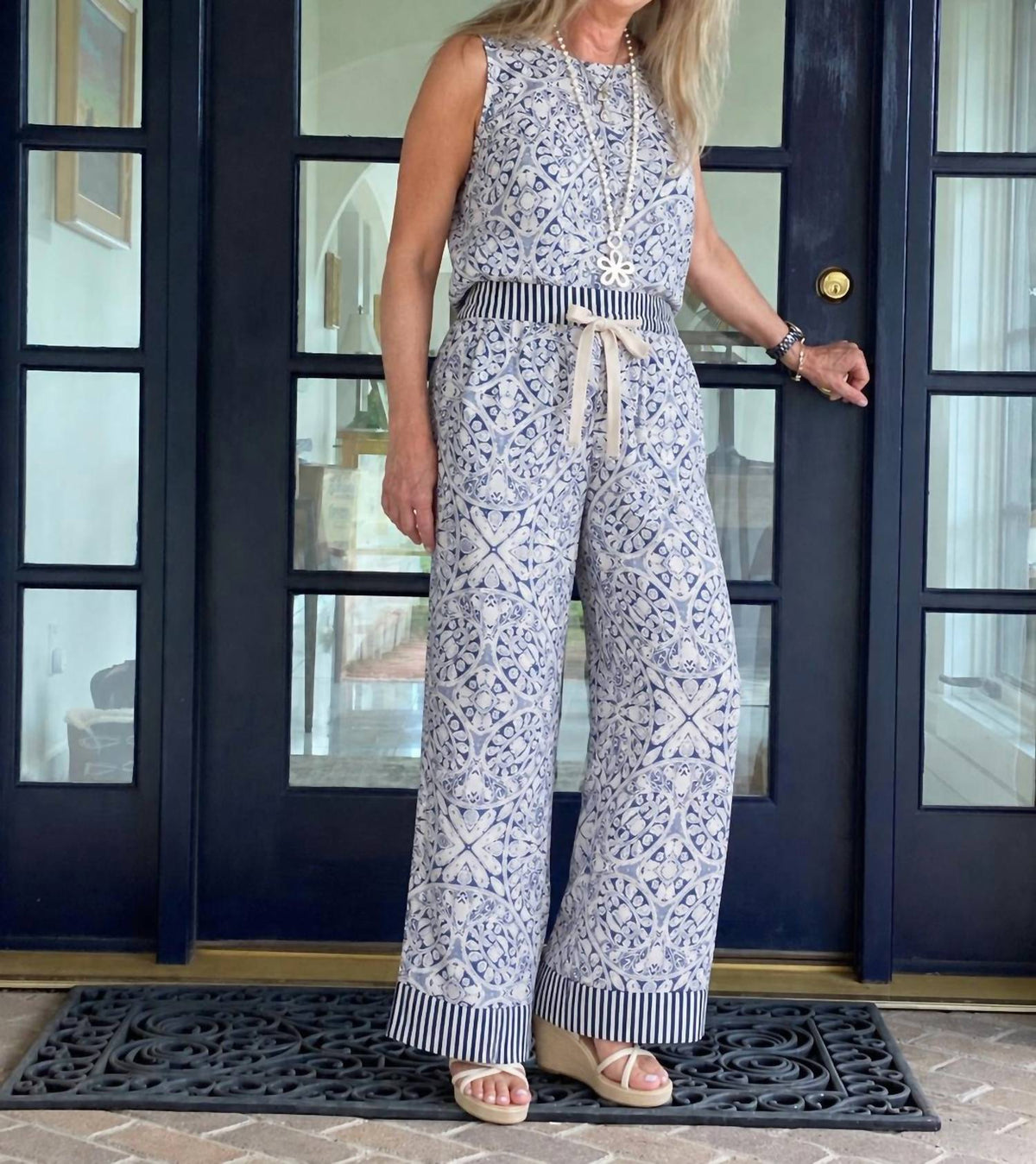She + Sky - Mediterranean Tile Print Wide Leg Pant Set