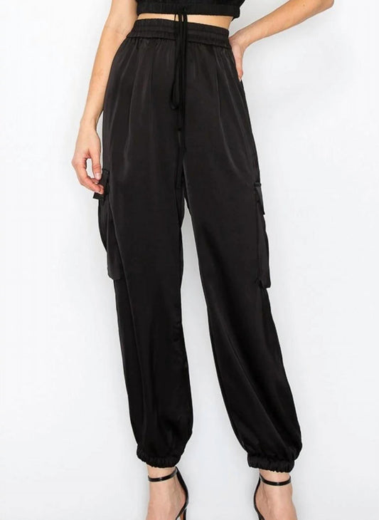 Ina - Sidney Satin Elastic Waist Cargo Pants