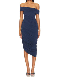 katie may Alana Ruched Midi Off Shoulder Dress in deep sea - women's dress