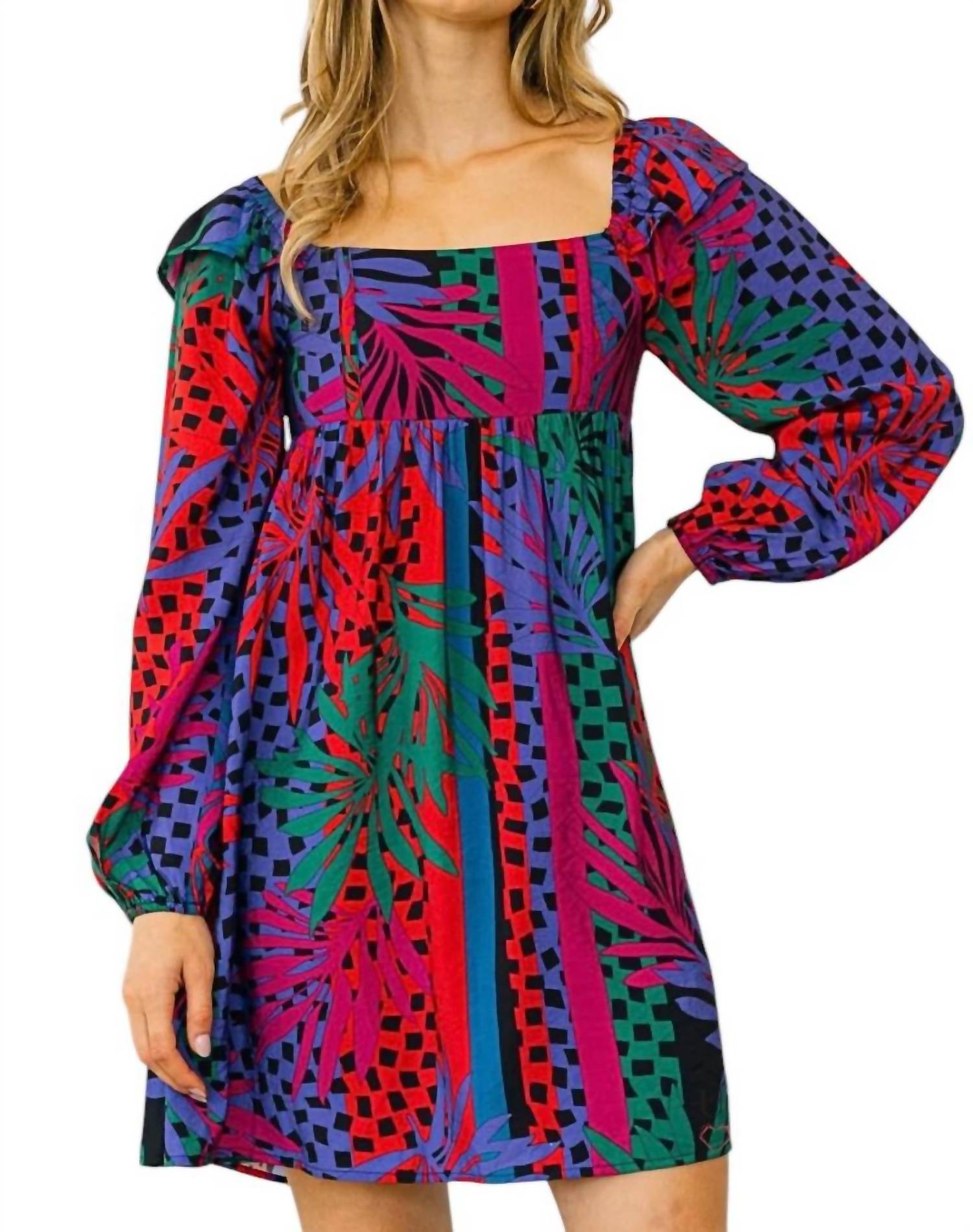 Oddi - Zoe Tropical Leaves Print Babydoll Mini Dress