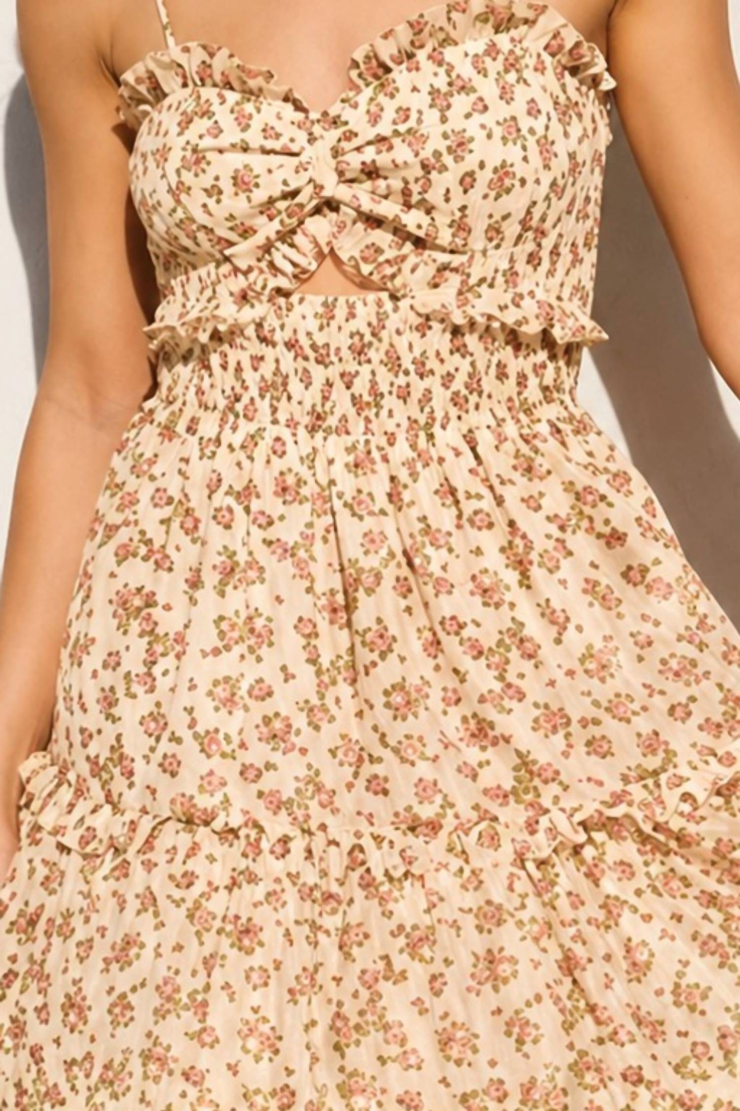 DRESS FORUM Floral Print Smocked Sweetheart Mini Dress in multi - women's dress - detail view