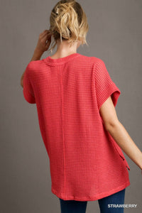 umgee Waffle Boxy Cut Short Sleeve Top in strawberry - women's blouse - detail view