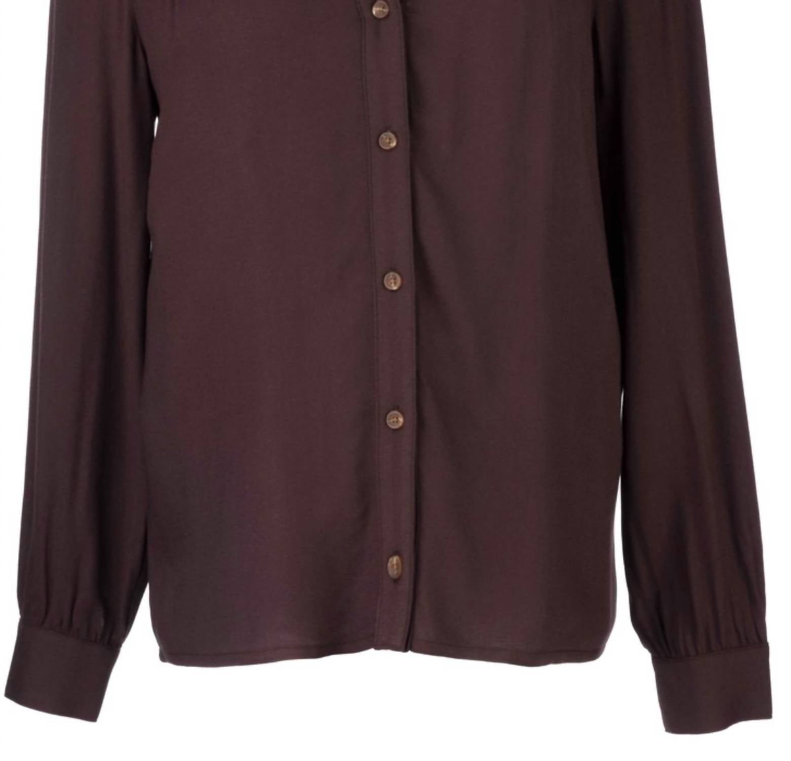 KUT FROM THE KLOTH Isley Button Shirt With Neck Ruffle in chocolate brown - women's shirt - detail view