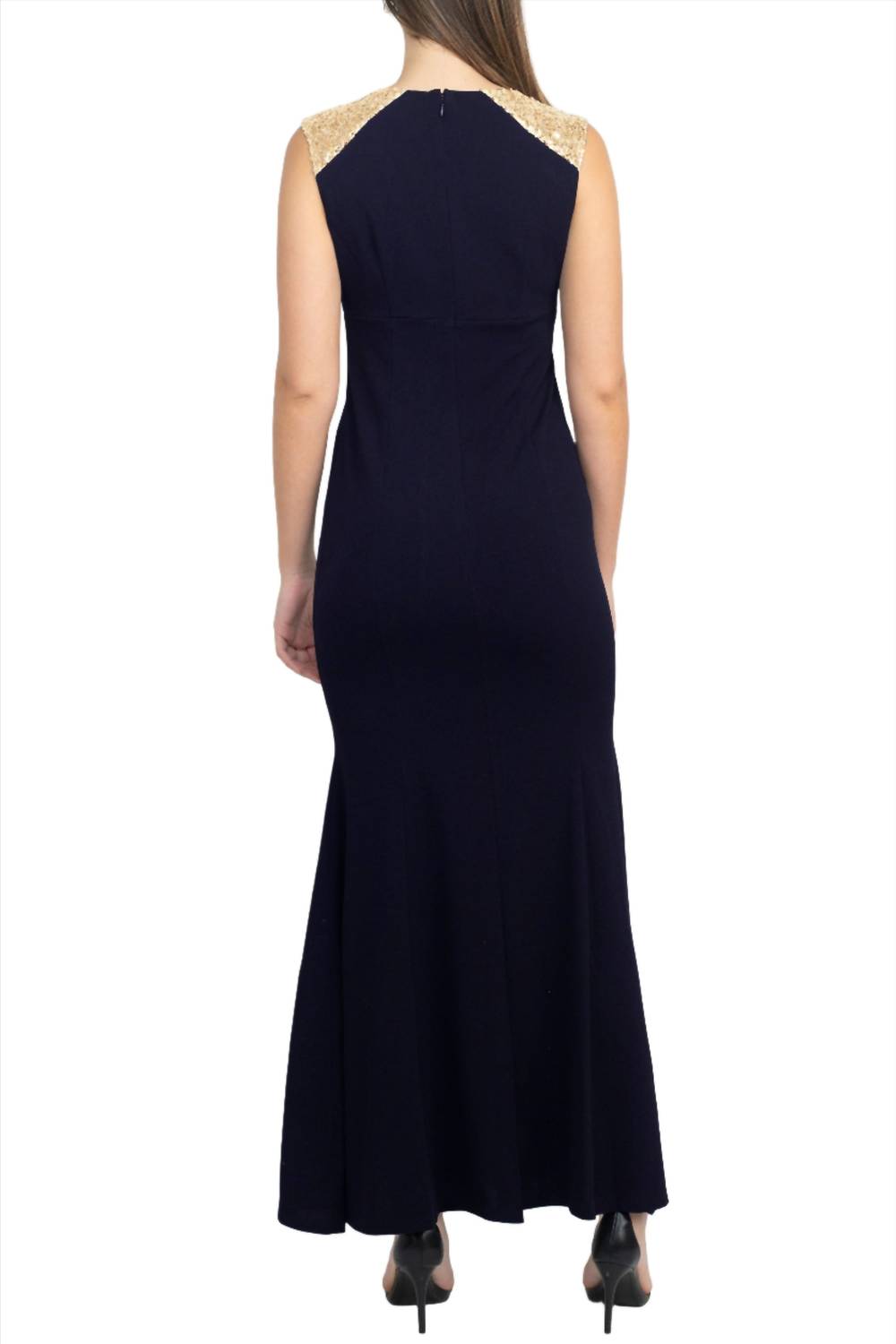 S.L. Fashions - V-neck Sequined Shoulder Slit Front Zipper Back Dress