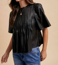 AnnieWear Leather PinTuck Detail Blouse in black - women's blouse - detail view