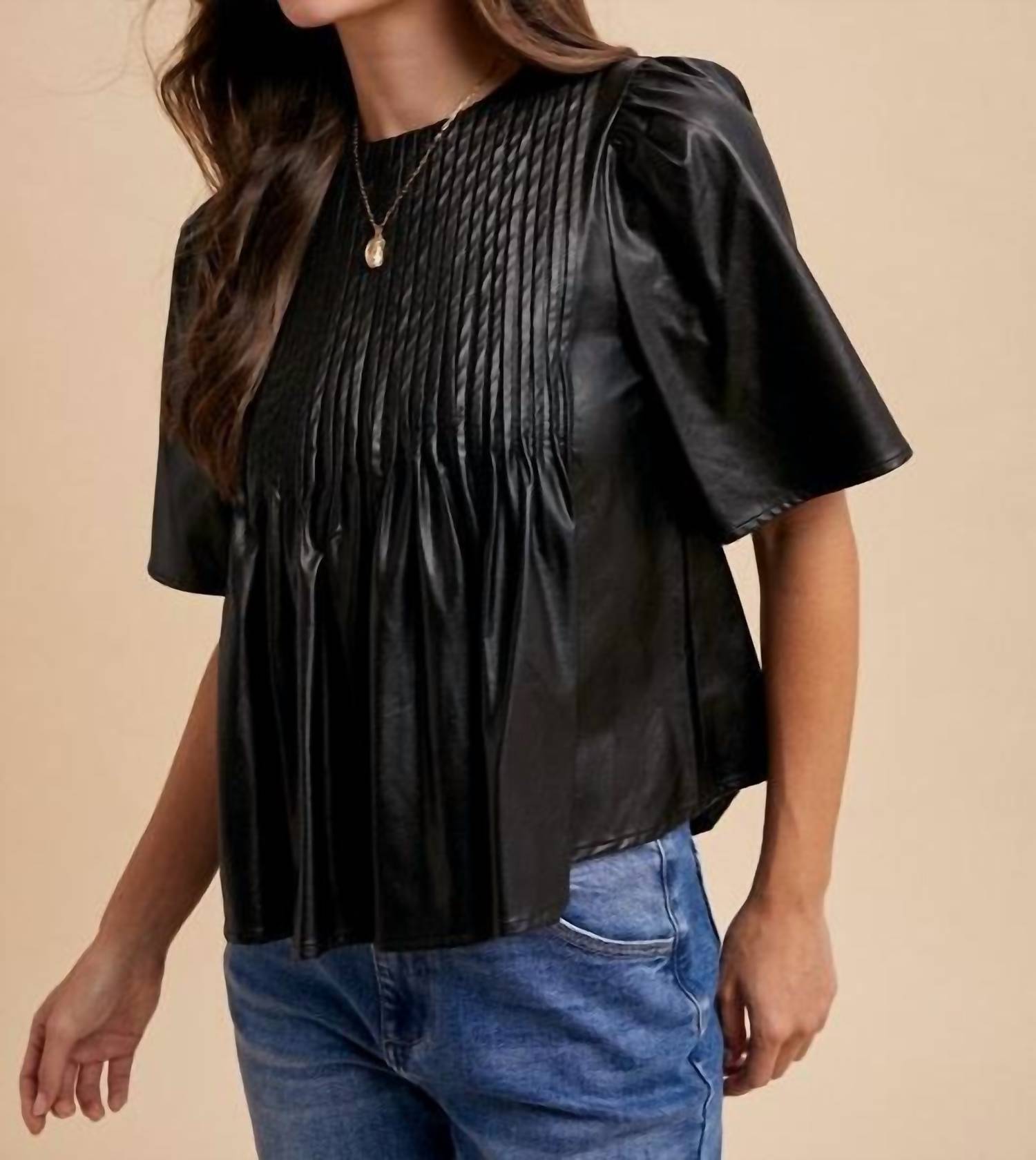 AnnieWear Leather PinTuck Detail Blouse in black - women's blouse - detail view