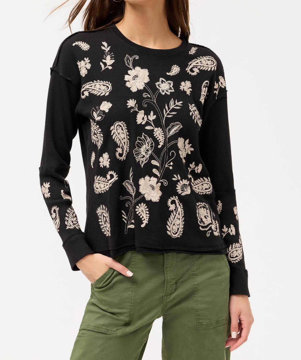 Johnny Was PATCHWORK THERMAL DANIELA TOP in black - women's long sleeve top