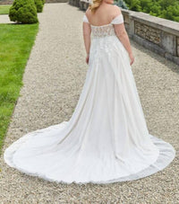MORILEE Elysia Off The Shoulder A-line Wedding Dress - Plus in ivory almond honey - women's dress - detail view