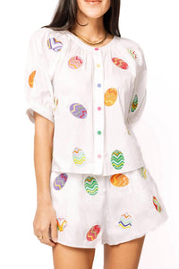 Queen Of Sparkles - Multi Easter Egg Button Up Cotton Top